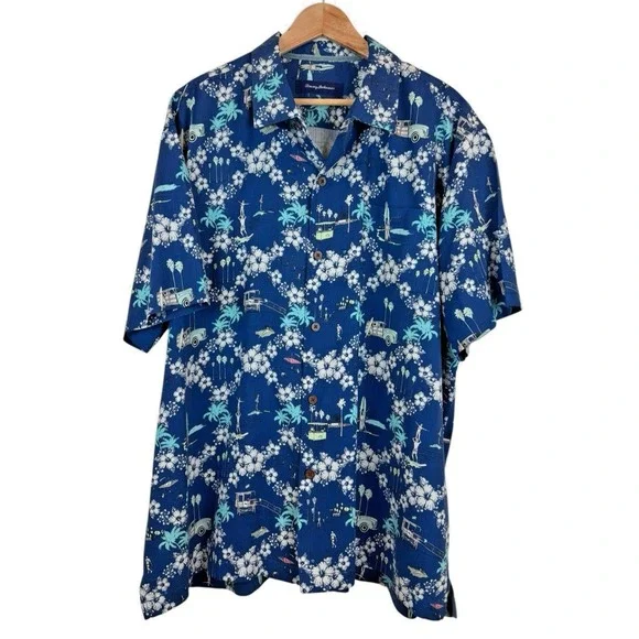 Tommy Bahama Men XXL Hawaiian Shirt Vintage Beach Scenes Retro Surf‎ 100% Silk